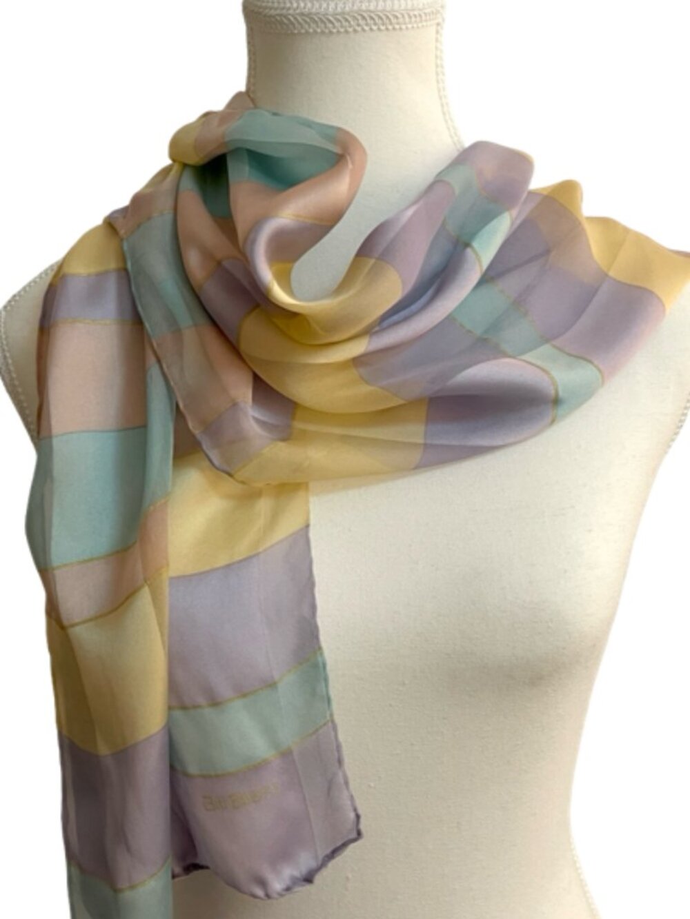 Bill Blass 100% Silk Pastel Plaid Oblong Scarf 55" x 13"